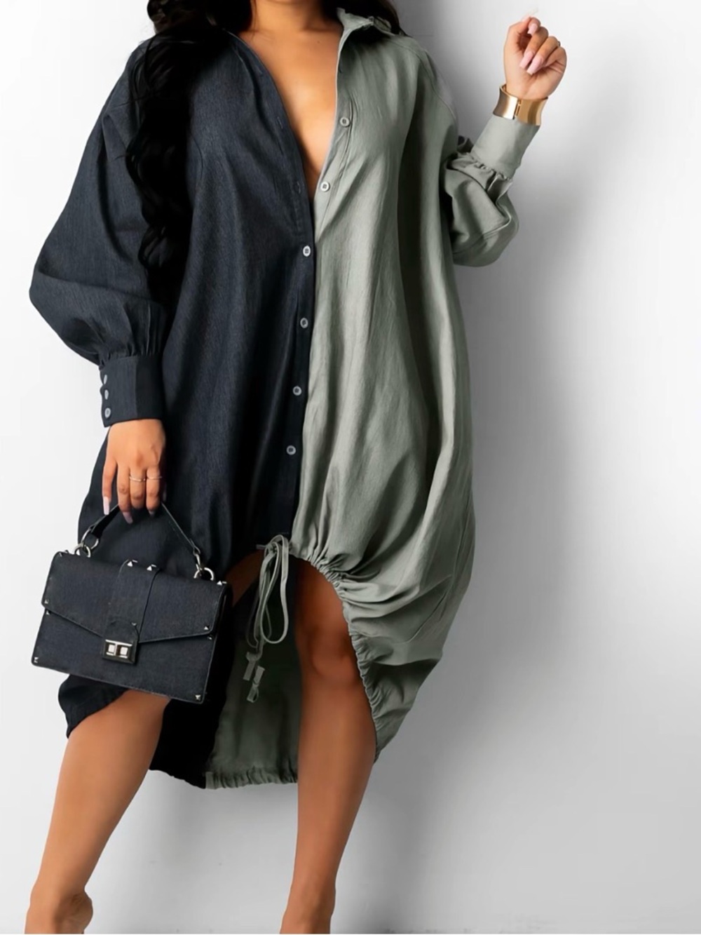 Two-Tone gray  and Black Button-Front Midi Shirt Dress